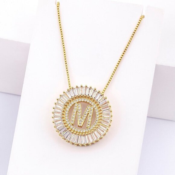 Yellow Gold Women's Large Letter Detail Cubic Zirconia Round Charm Necklace - Picture 10 of 11